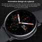Black smart wristband smartwatch with curved glass face and multi-complication layout