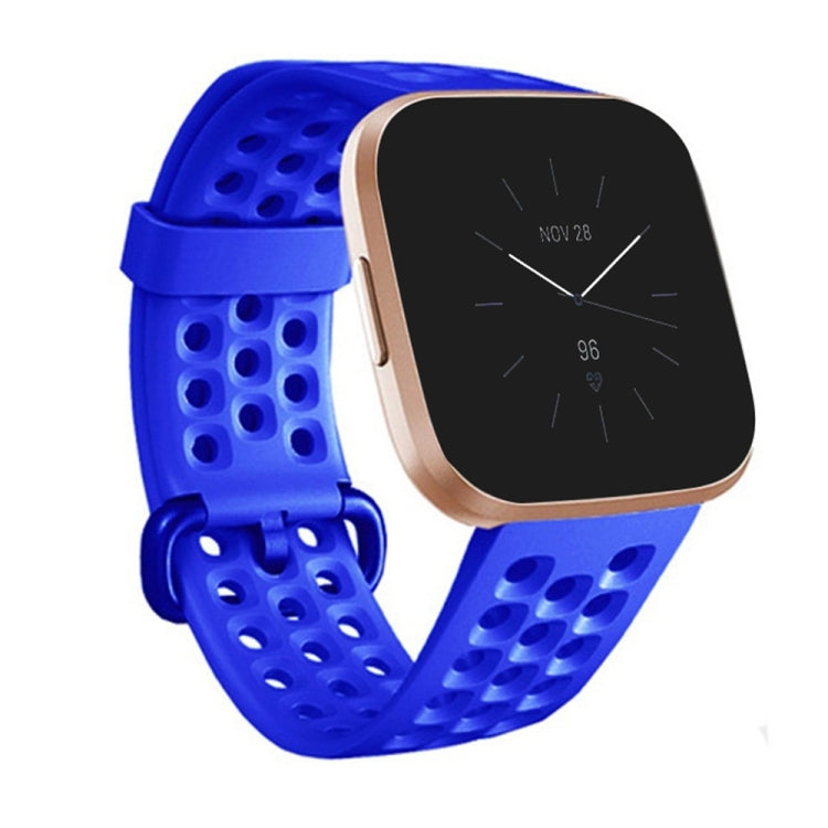 Large breathable silicone watch band with perforated strap and adjustable buckle, blue.