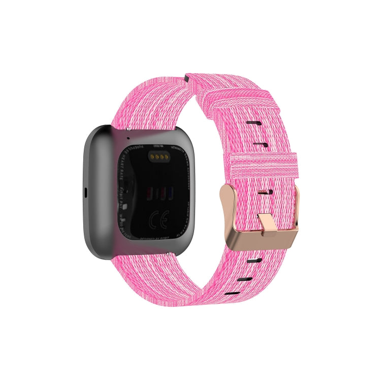 Canvas watch strap with pink textured fabric and metal clasp for Versa-style watch