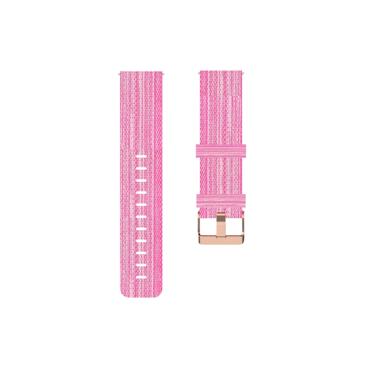 Pink canvas watch strap with metal clasp ends and vertical stitched texture