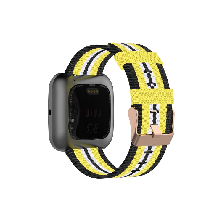 Canvas watch strap in black with yellow and white stripe pattern and metal clasp