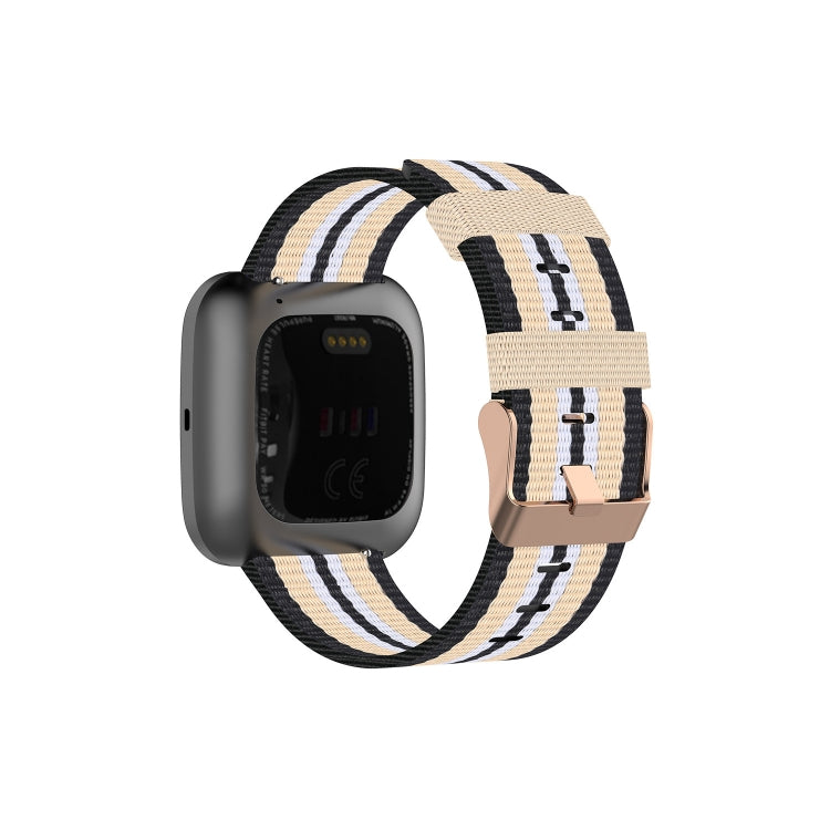 Canvas watch strap in beige with black and white stripe pattern and metal clasp