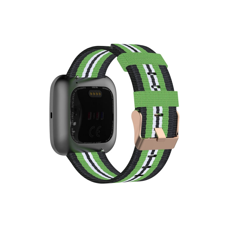 Canvas watch strap in green with white stripe pattern and metal clasp