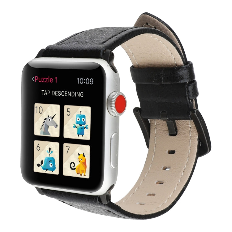 Black glitter leather watch band with perforations and buckle, beige underside