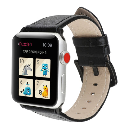 Black glitter leather watch band with perforations and buckle, beige underside