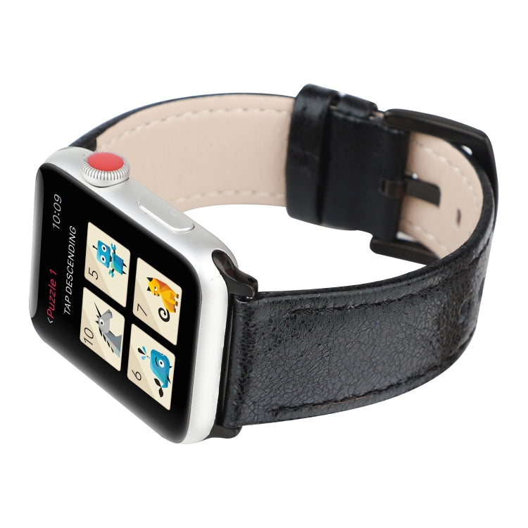 Black glitter leather watch band with perforations and beige lining, on smartwatch