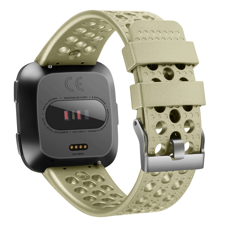 Breathable metal watch band for Fitbit Versa, golden perforated strap with buckle