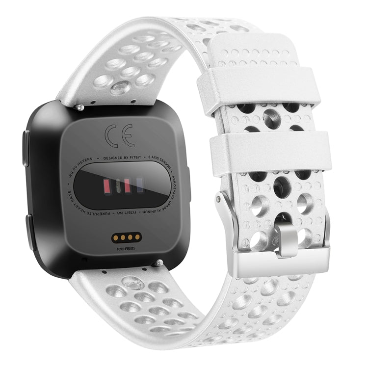 Breathable metal watch band for Fitbit Versa, silver perforated strap with buckle