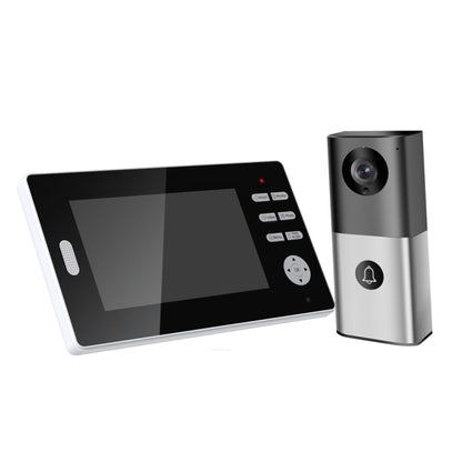 Wireless video doorbell monitor and outdoor camera, black and silver devices