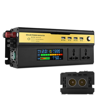 Solar inverter with digital LCD, yellow label, red DC terminals, and AC outlet ports