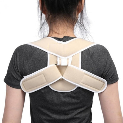 Children’s posture corrector clavicle strap with beige pads and white trim, back view