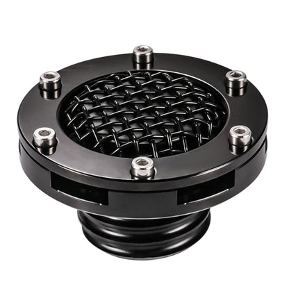Black round motorcycle fuel tank cap with black mesh grille and metal mounting bolts