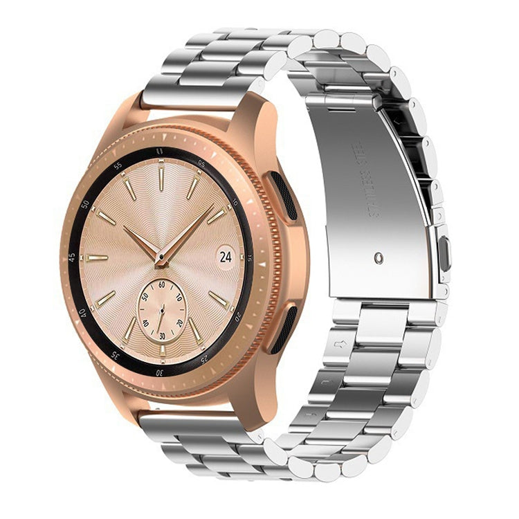Silver steel smartwatch strap with rose-gold case and light dial watch