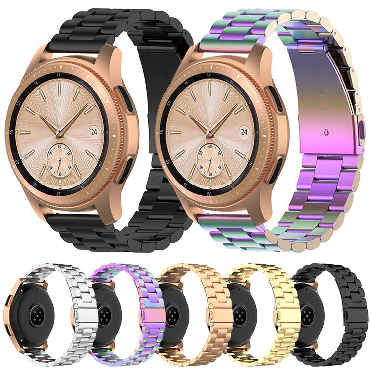 Multiple color steel smartwatch straps with rose-gold watches and side views