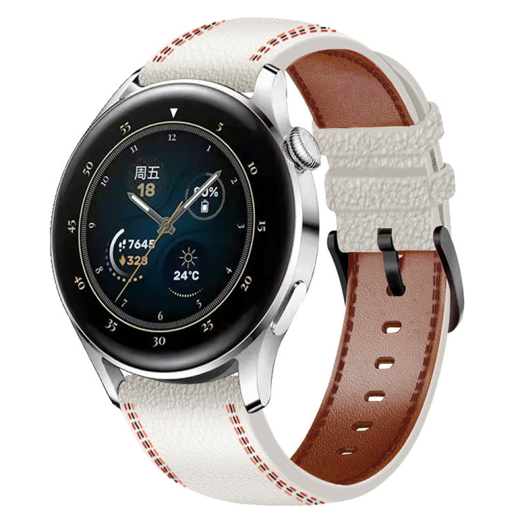 Genuine leather watch band, white with red tricolor stitching and brown lining.