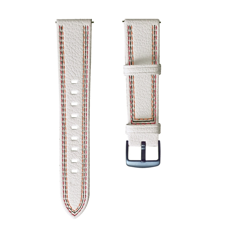 Genuine leather watch band in white, with red-and-brown tricolor stitching and buckle end.