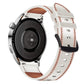 Genuine leather watch band, white with red tricolor stitching, metal buckle and brown lining.