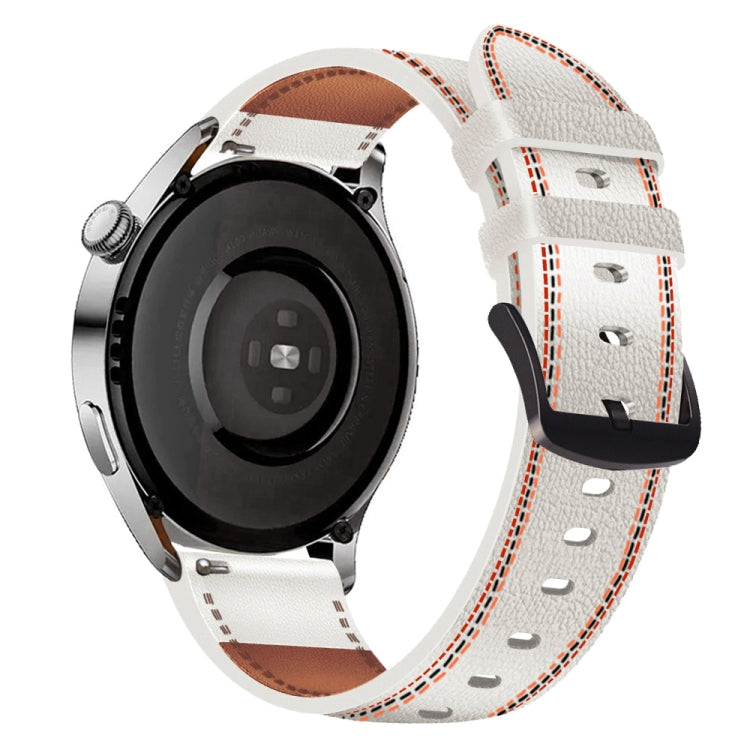Genuine leather watch band, white with red tricolor stitching, metal buckle and brown lining.