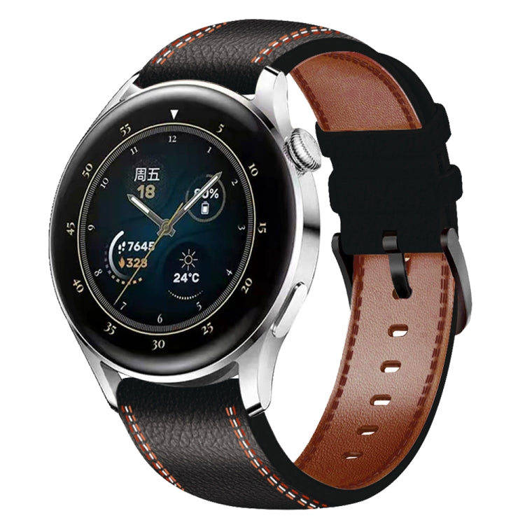 Genuine leather watch band, black with brown lining and red tricolor stitching, metal clasp.