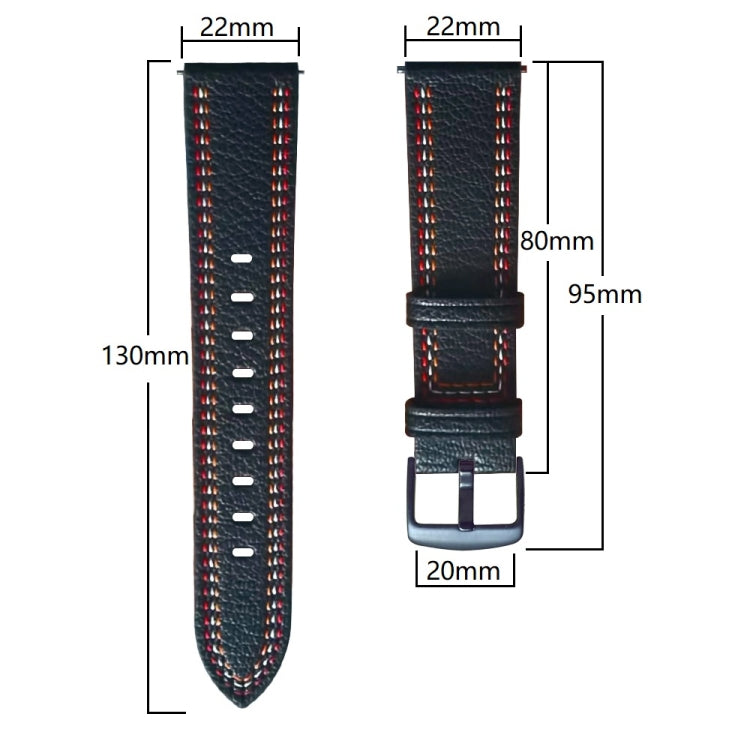 Leather watch band size diagram showing 22mm width, 130mm length, and buckle fit 20mm.