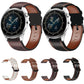 Genuine leather watch band, black with brown underside and red tricolor stitching.