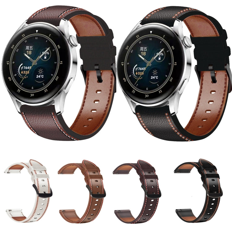 Genuine leather watch band, black with brown underside and red tricolor stitching.