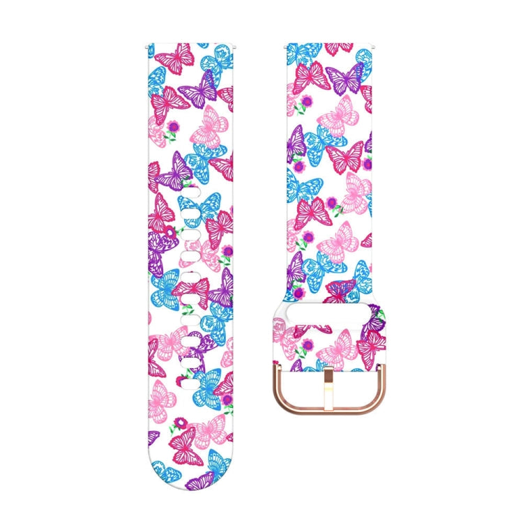 46mm silicone watch strap with blue and pink butterfly print on white, metal buckle.