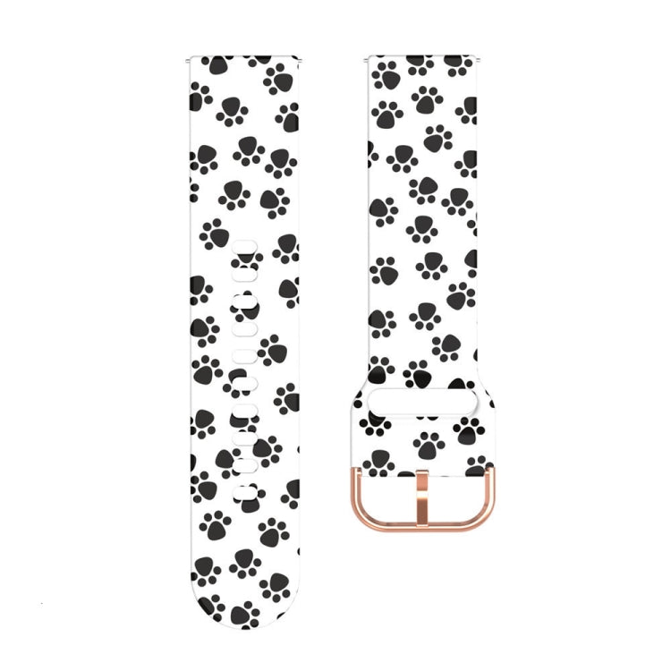 46mm silicone watch strap with black paw prints on white, metal buckle.