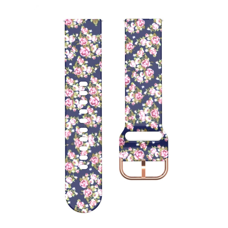 46mm silicone watch strap with pink floral print on navy blue, metal buckle.
