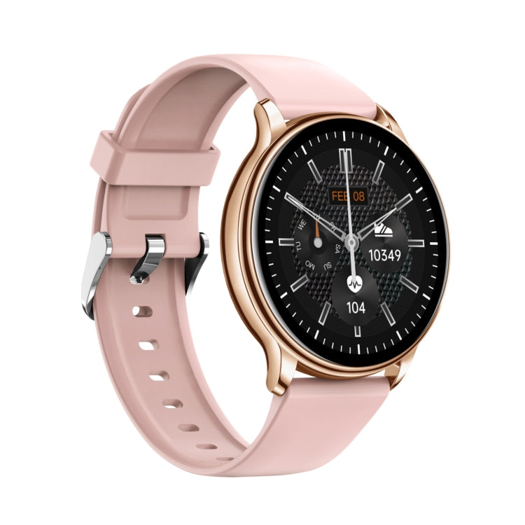 Light pink smartwatch with black dial, analog-style hands shown on the color screen