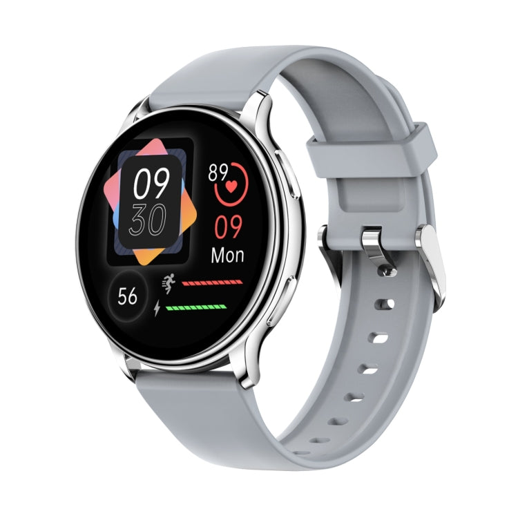 Gray smartwatch with silver bezel, heart and date icons on a dark color screen