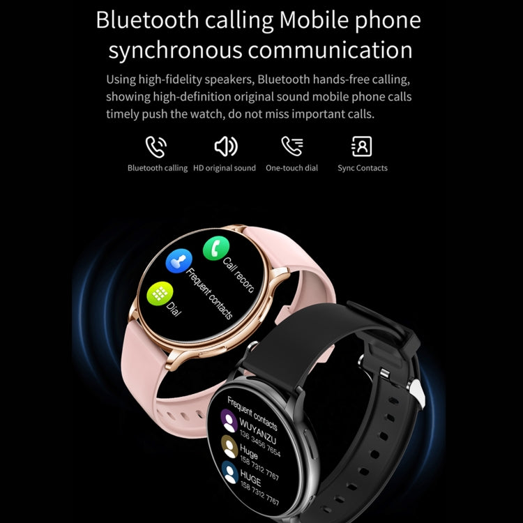 Pink smartwatch with black screen displaying call icons; light pink silicone strap