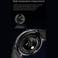 Black smartwatch with dark screen, temperature monitoring icon shown