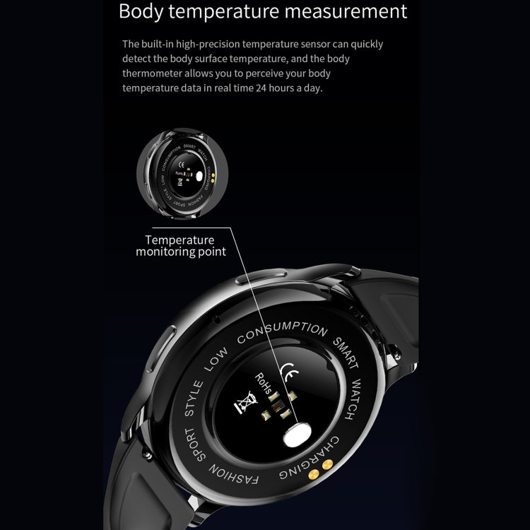 Black smartwatch with dark screen, temperature monitoring icon shown