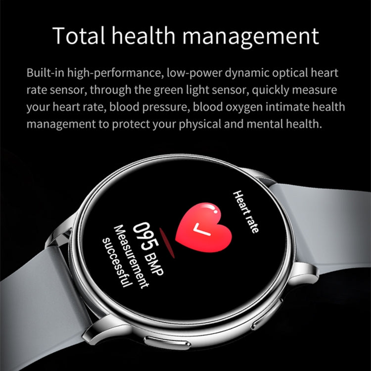 Silver smartwatch with heart-rate icon on a dark screen; light gray strap