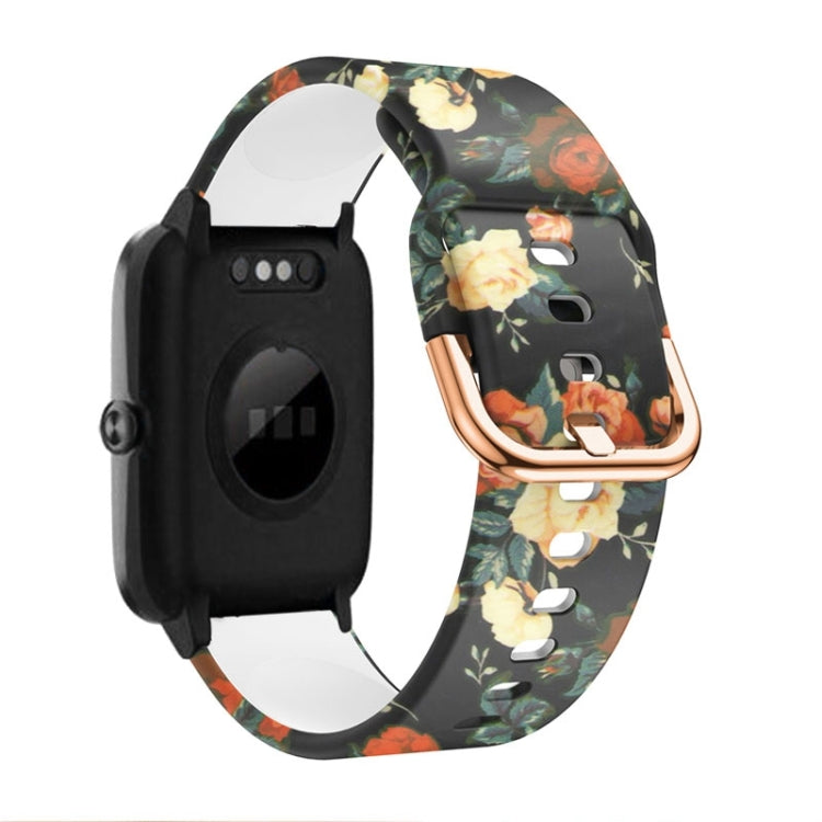 Dark floral silicone watch band with rose-gold buckle and clasp, black watch module.