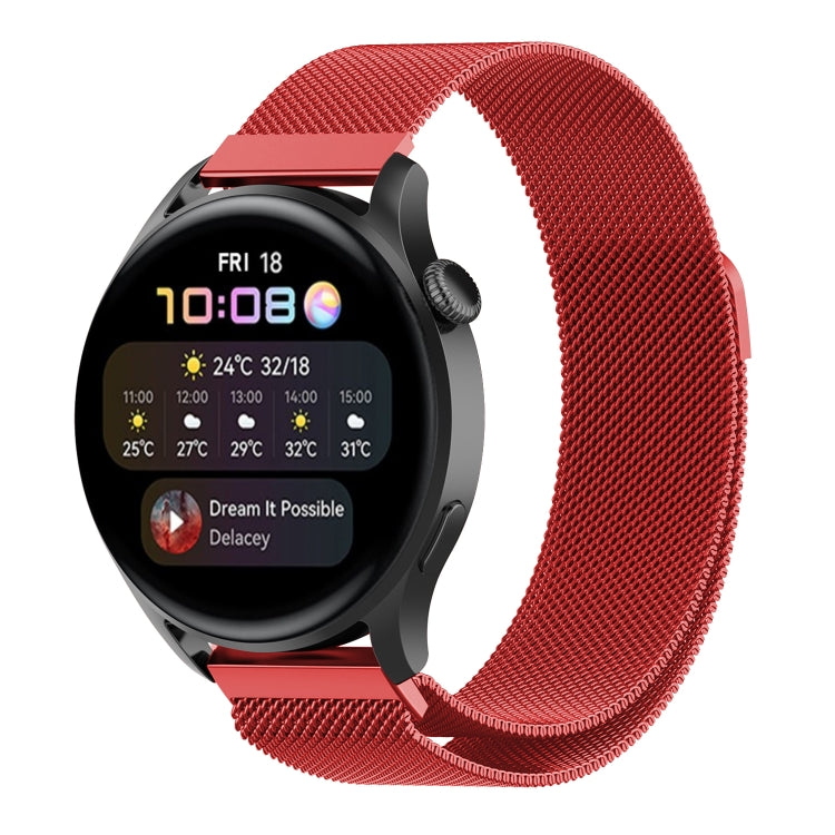 Red Milanese steel watch band with black watch case, breathable mesh strap
