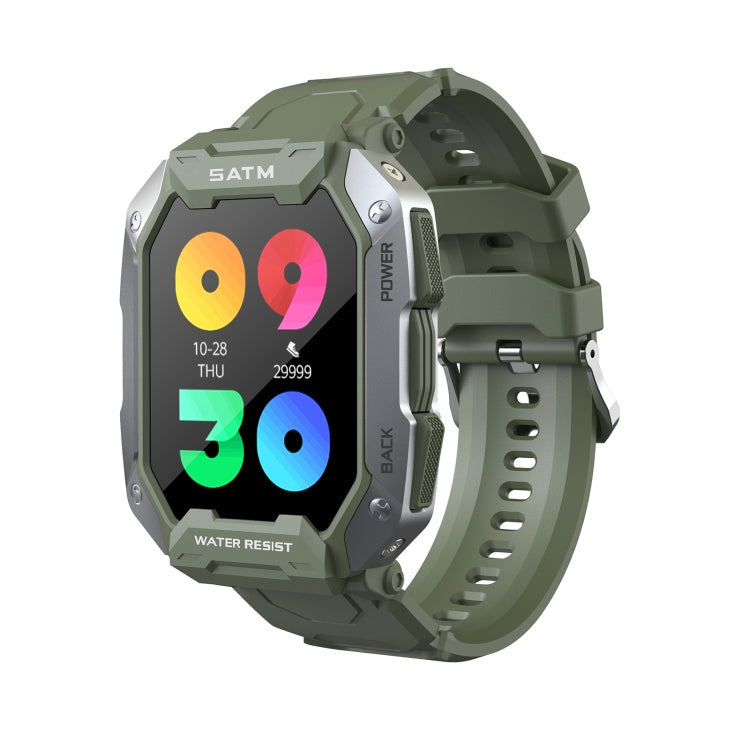 Green rugged smartwatch with square TFT display and silicone strap
