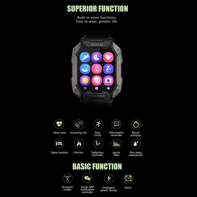 Black smartwatch with app-style icons on screen and rugged case
