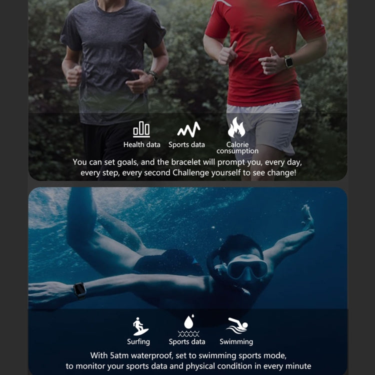 Smartwatch screen with fitness icons and water-ready design on band