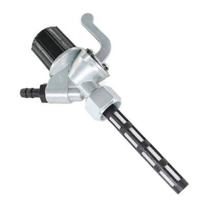 Motorcycle fuel tank petcock valve with lever and black fuel hose, silver metal body