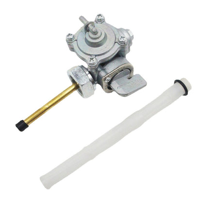 Motorcycle fuel petcock valve with metal lever and fuel hose, silver finish