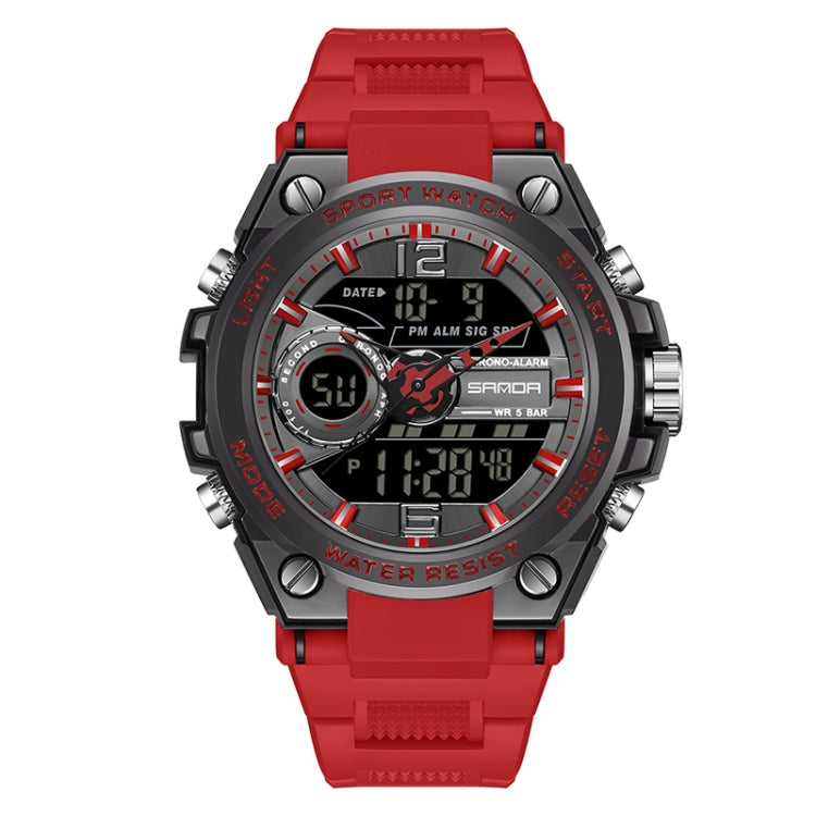 Red and black digital sports watch with round bezel, multi-function subdials, silicone strap