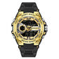 Gold-tone and black digital sports watch with round bezel, skeleton-style subdials, rubber strap