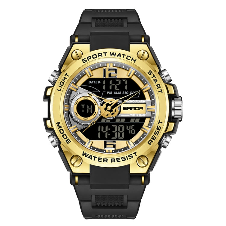 Gold-tone and black digital sports watch with round bezel, skeleton-style subdials, rubber strap