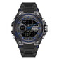 Black and blue digital sports watch with round bezel, multi-dial display, thick rubber strap