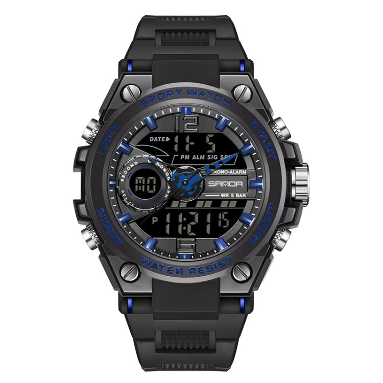 Black and blue digital sports watch with round bezel, multi-dial display, thick rubber strap