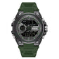 Green digital sports watch with round bezel, multi-function subdials, silicone strap