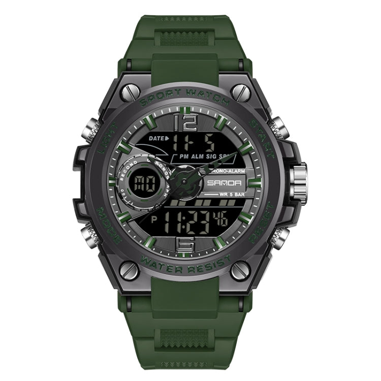 Green digital sports watch with round bezel, multi-function subdials, silicone strap