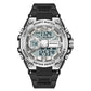 White and black digital sports watch with round bezel, multi-dial display, rubber strap